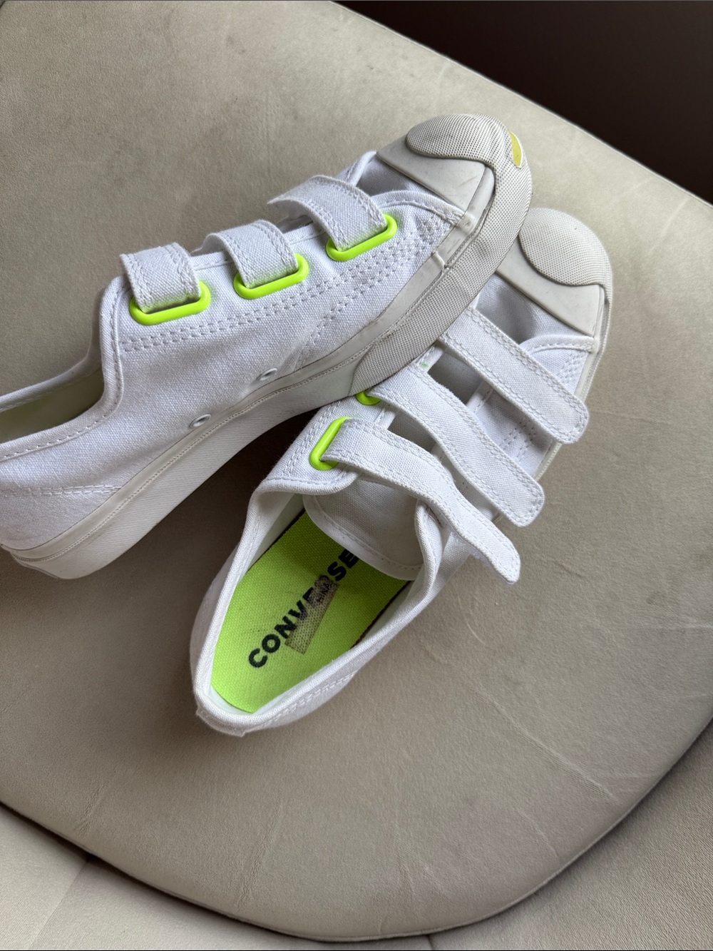 Converse White Canvas Velcro Sneakers with Neon Green Accents